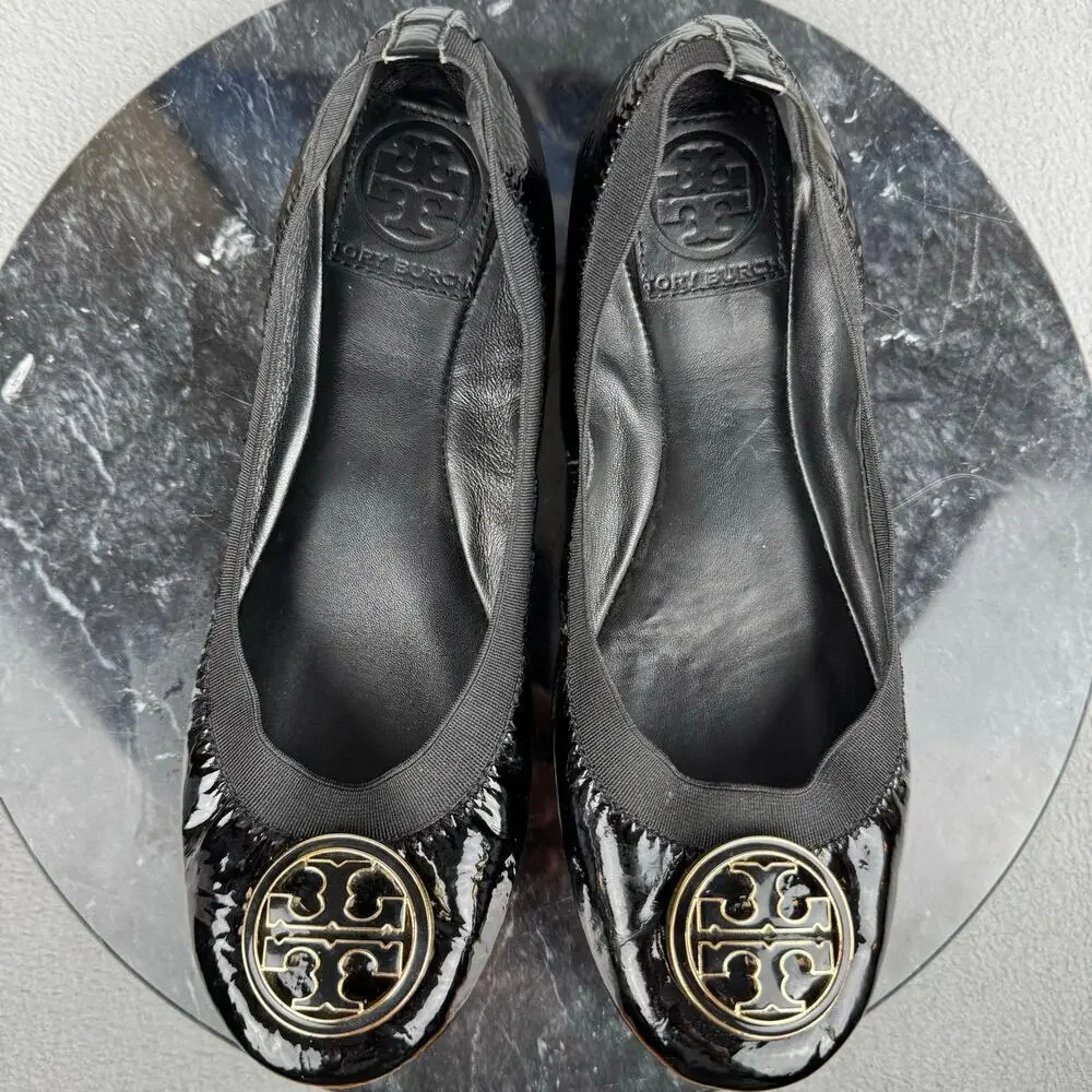 Tory Burch Caroline Black Patent Leather Flat Ballet Shoes Women’s Size 6.5M US